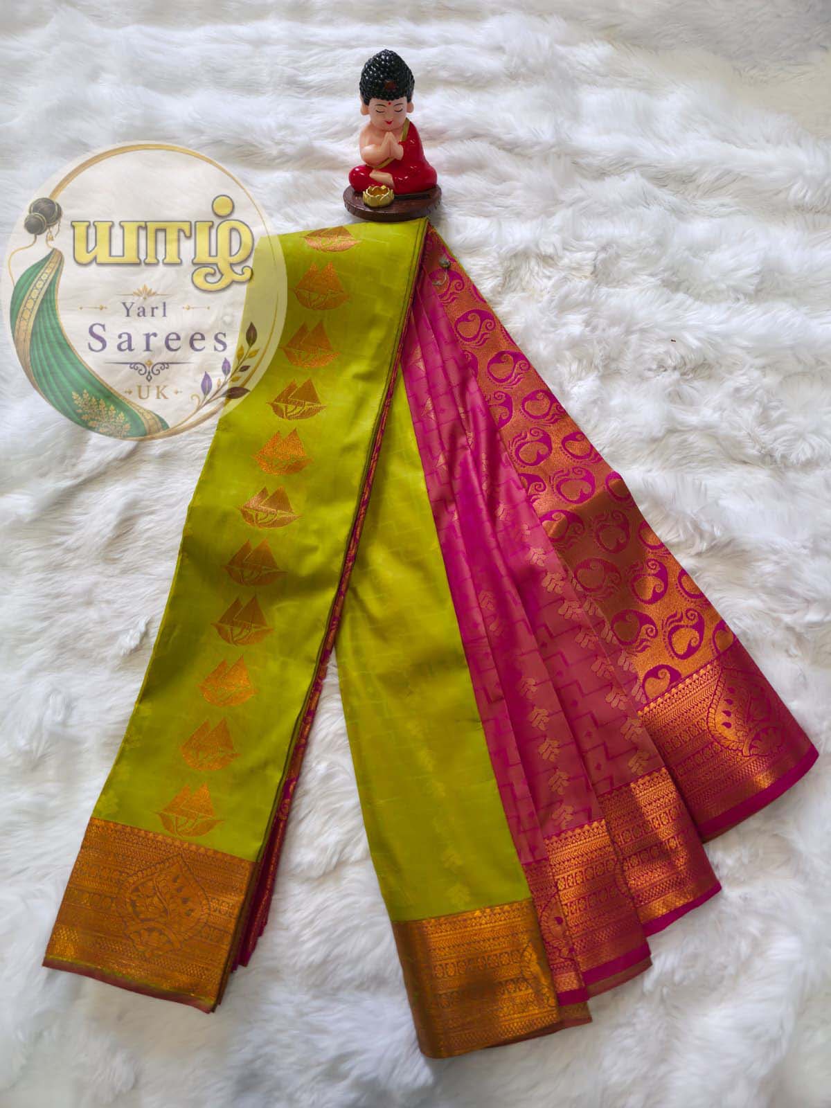 Lime Green / parrot green Embossed Pattu - Image 2