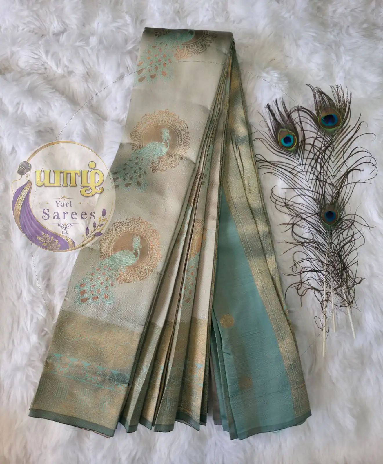 Sage Green, Muted Sea Green Kubera Pattu - Image 2