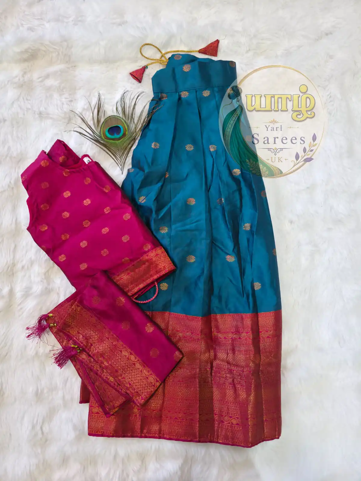 Peacock Teal Blue, Bright Magenta Pink Pattu Paavadai Set 10-11 years girl - Image 2