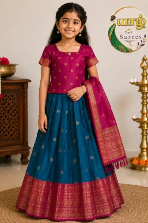Peacock Teal Blue, Bright Magenta Pink Pattu Paavadai Set 10-11 years girl