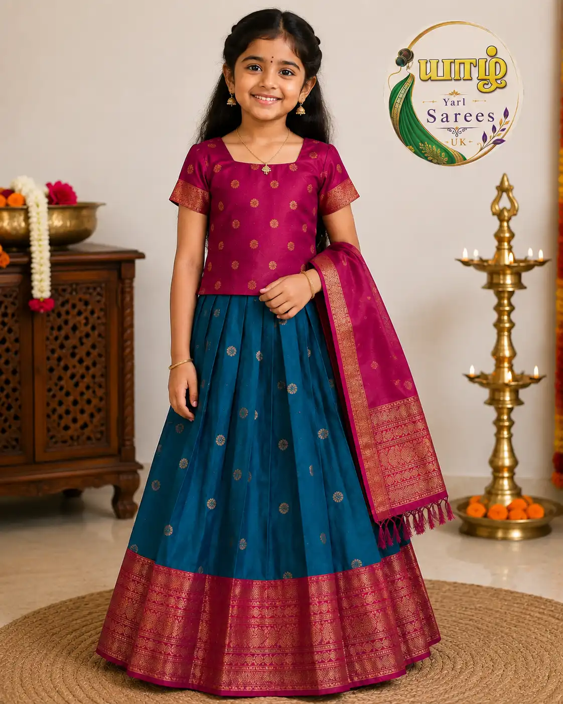 Peacock Teal Blue, Bright Magenta Pink Pattu Paavadai Set 10-11 years girl