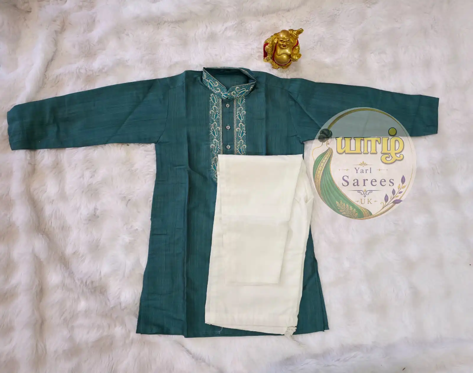 Teal Blue Embroidered Kurta - Image 2