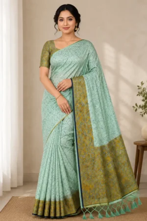 Elegant Mint Green Saree with Mustard Gold Floral Simple Tissu Saree