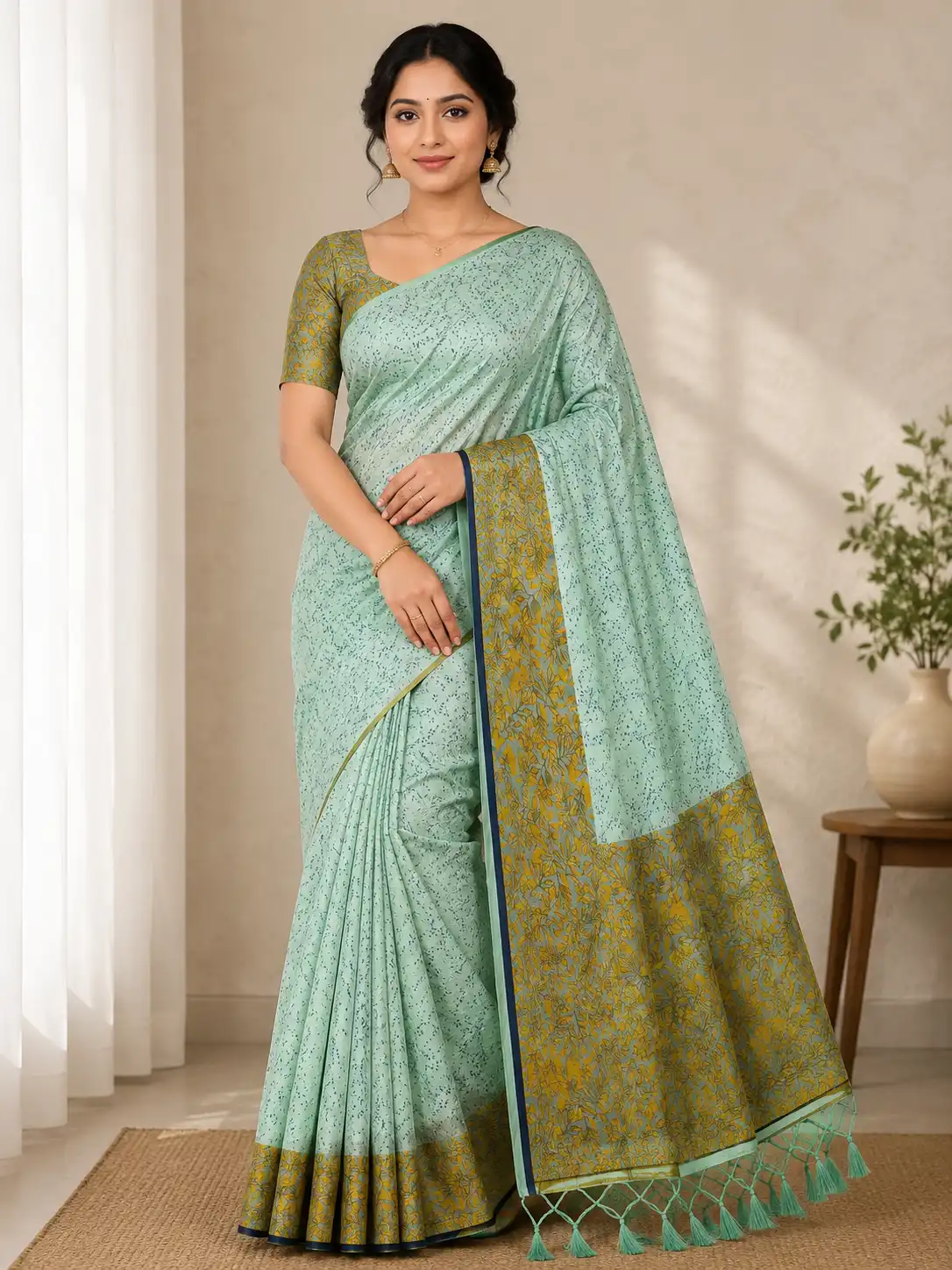 Elegant Mint Green Saree with Mustard Gold Floral Simple Tissu Saree