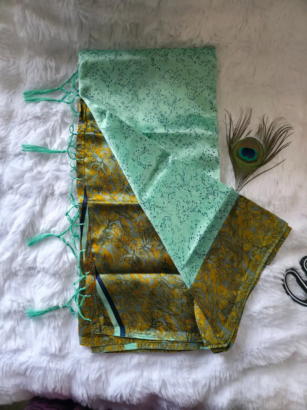 Elegant Mint Green Saree with Mustard Gold Floral Simple Tissu Saree - Image 2