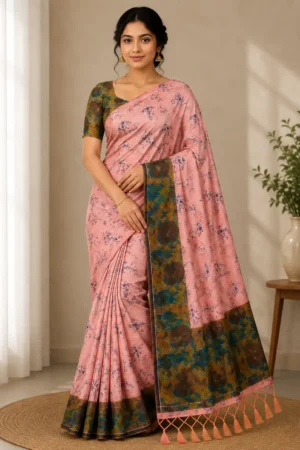 Soft peach pink with delicate Simple Tissu Saree