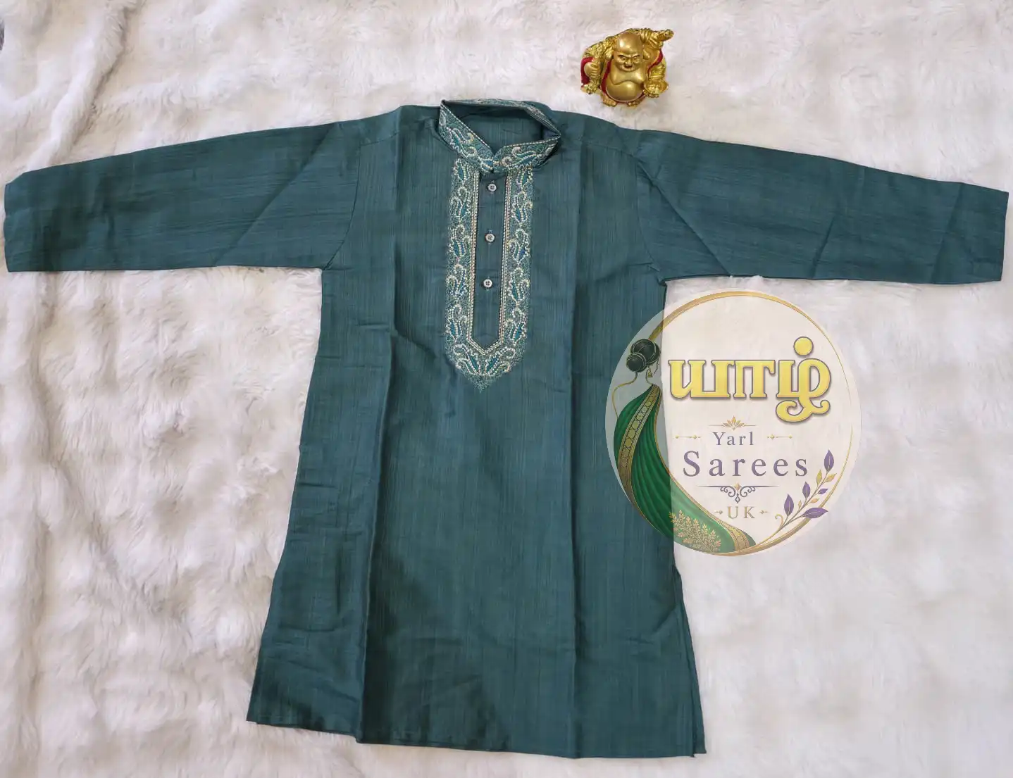 Teal Blue Embroidered Kurta - Image 3