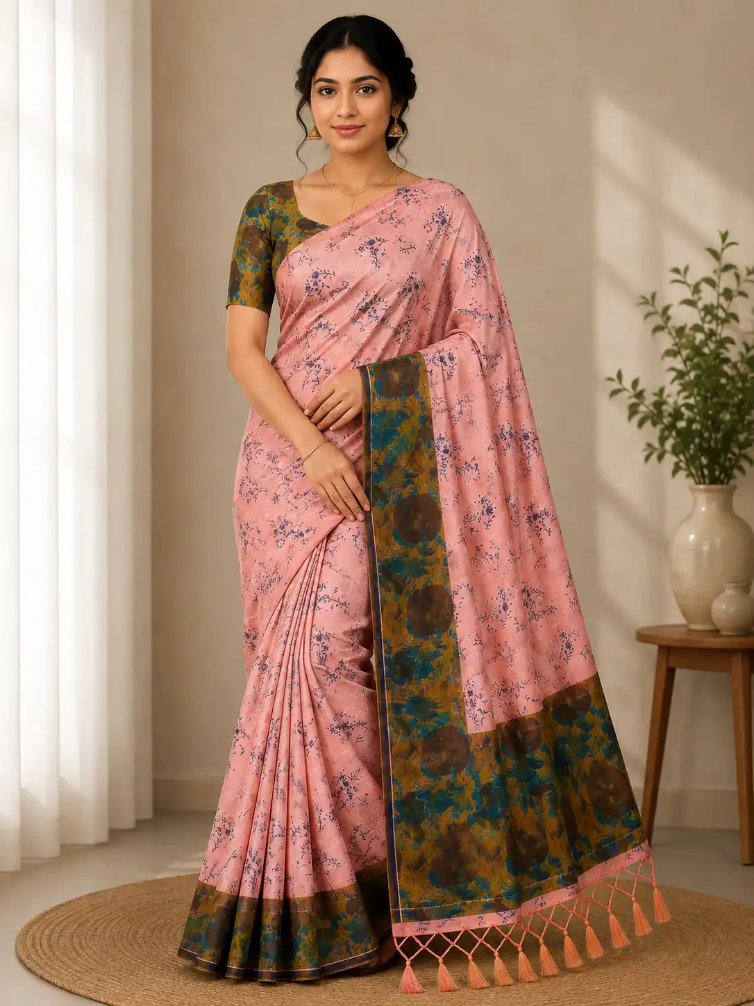 Soft peach pink with delicate Simple Tissu Saree