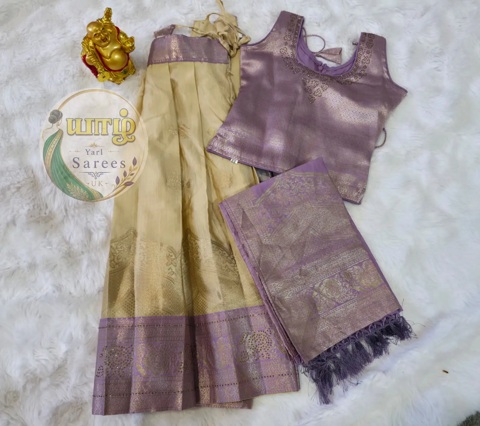 Soft lavender purple and rich golden Pattu Paavadai Set 4-5 years girl - Image 2