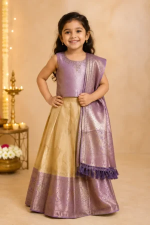 Soft lavender purple and rich golden Pattu Paavadai Set 4-5 years girl