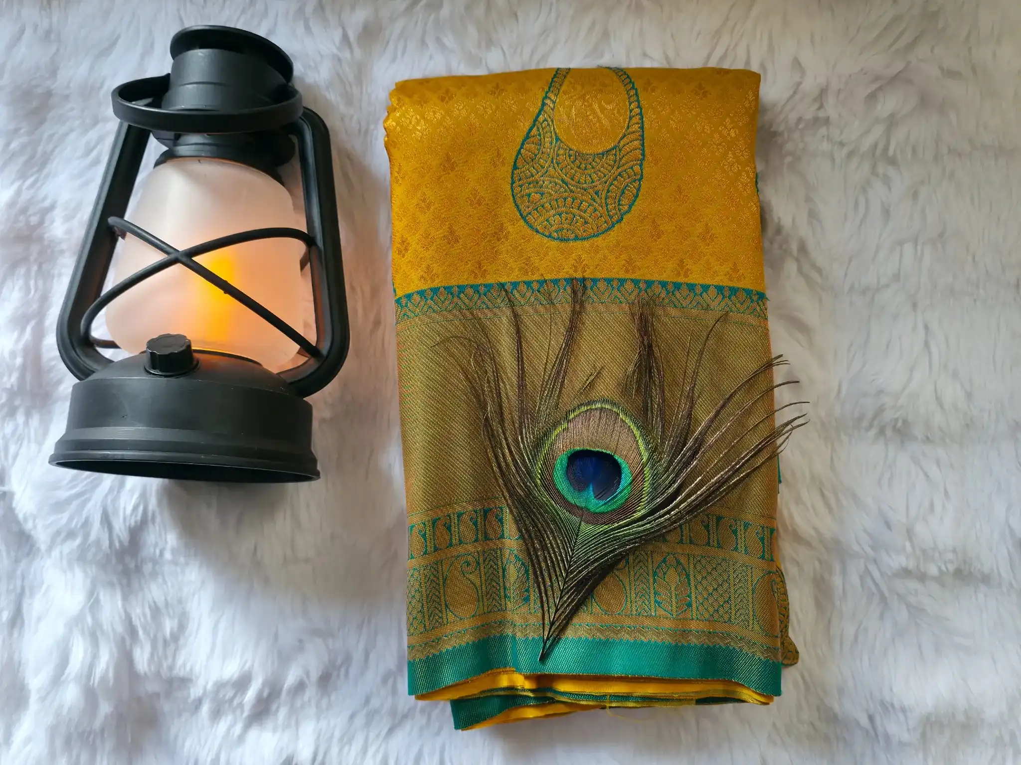 Mustard Yellow & Deep teal green Kubera Pattu - Image 3