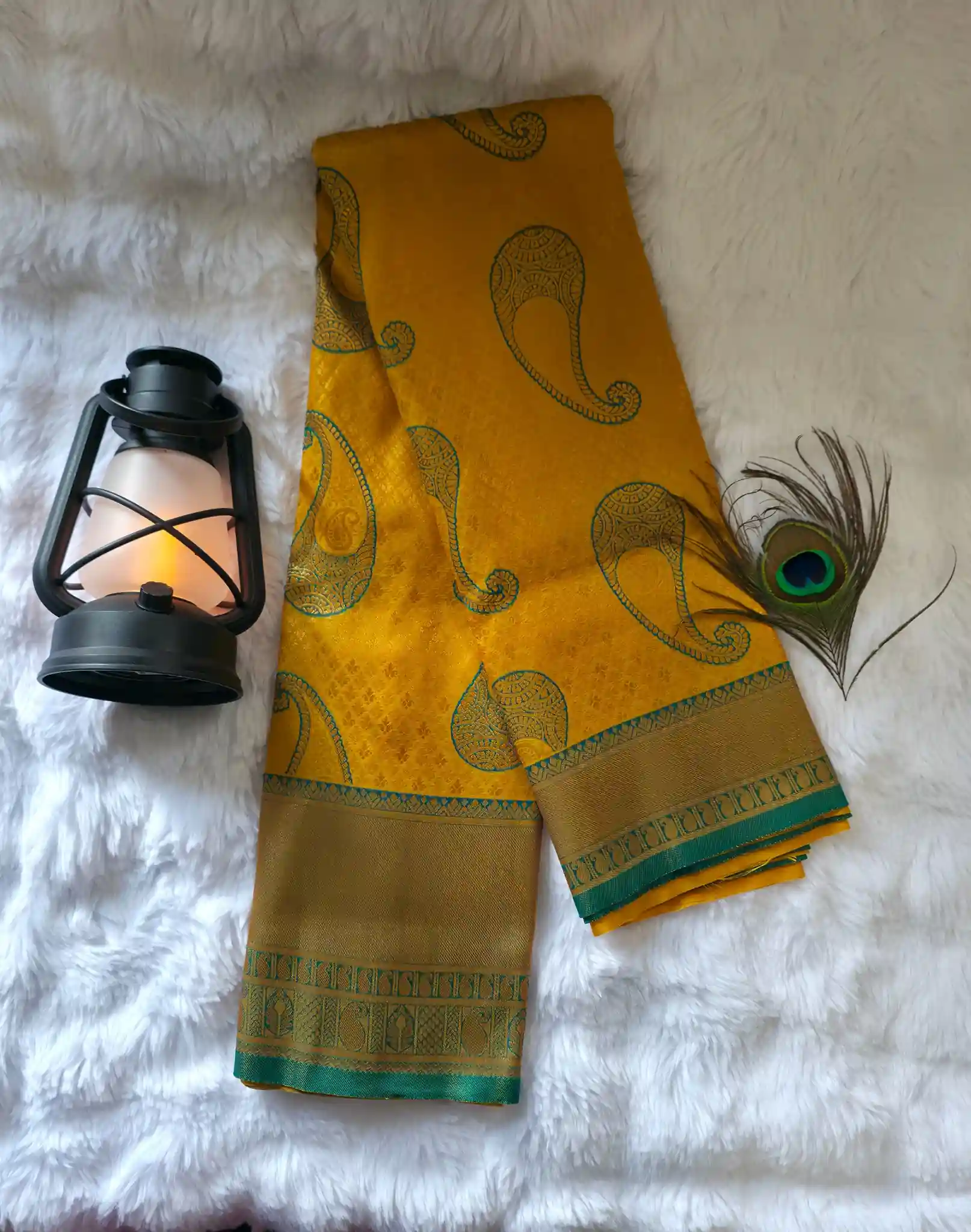 Mustard Yellow & Deep teal green Kubera Pattu - Image 2