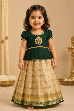 Deep Bottle Green and antique gold. 2-3 years girl