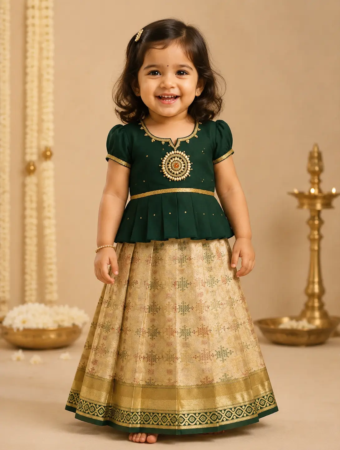 Deep Bottle Green and antique gold. 2-3 years girl