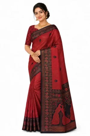 Rust Red / Brick Red and Deep Navy Blue Kubera Pattu