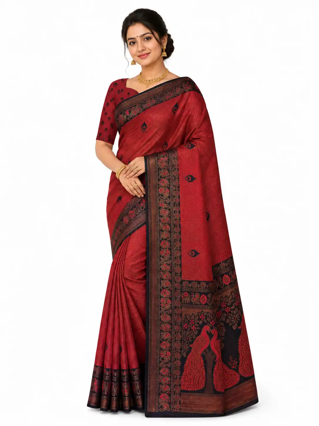 Rust Red / Brick Red and Deep Navy Blue Kubera Pattu