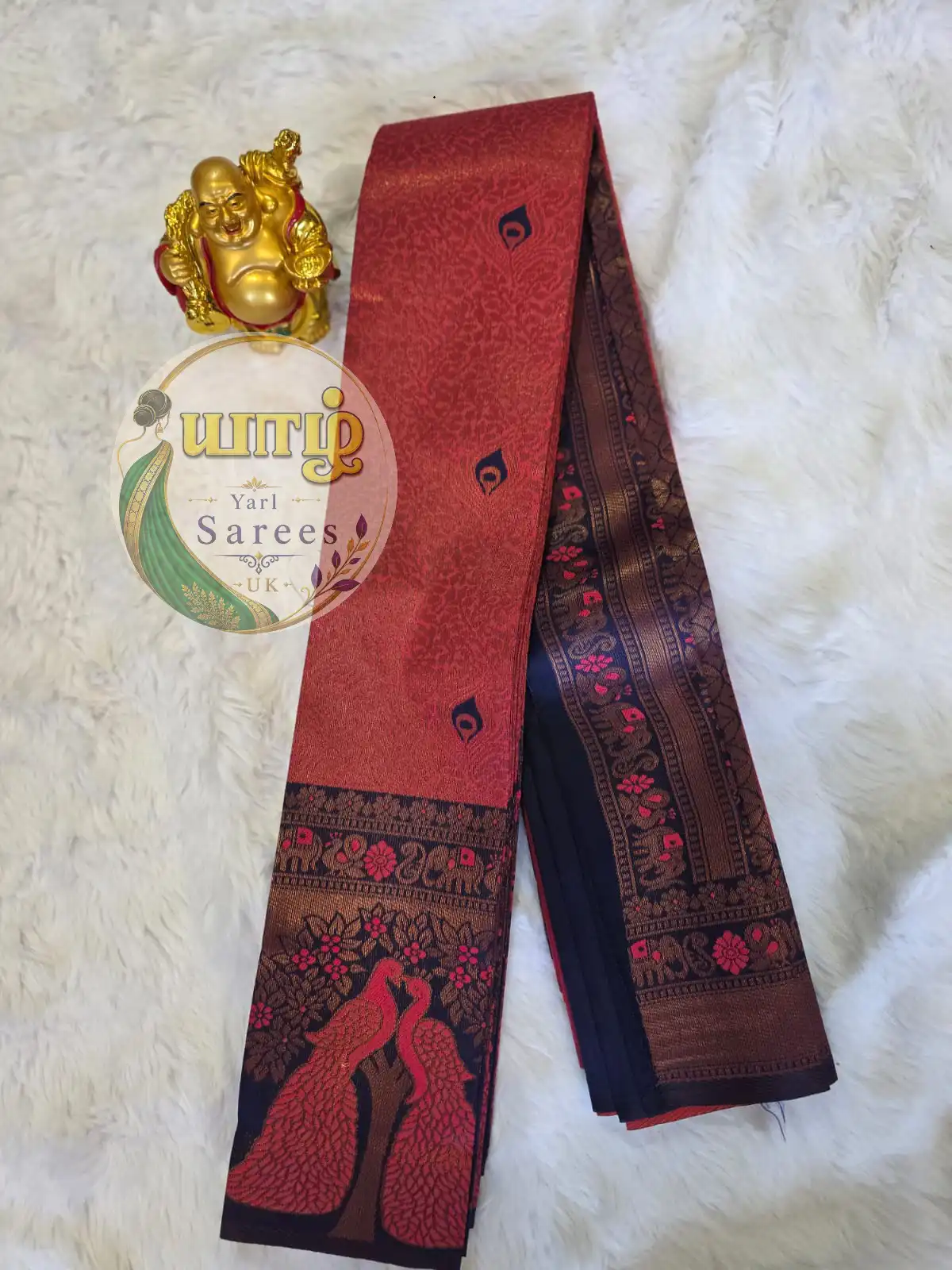 Rust Red / Brick Red and Deep Navy Blue Kubera Pattu - Image 2