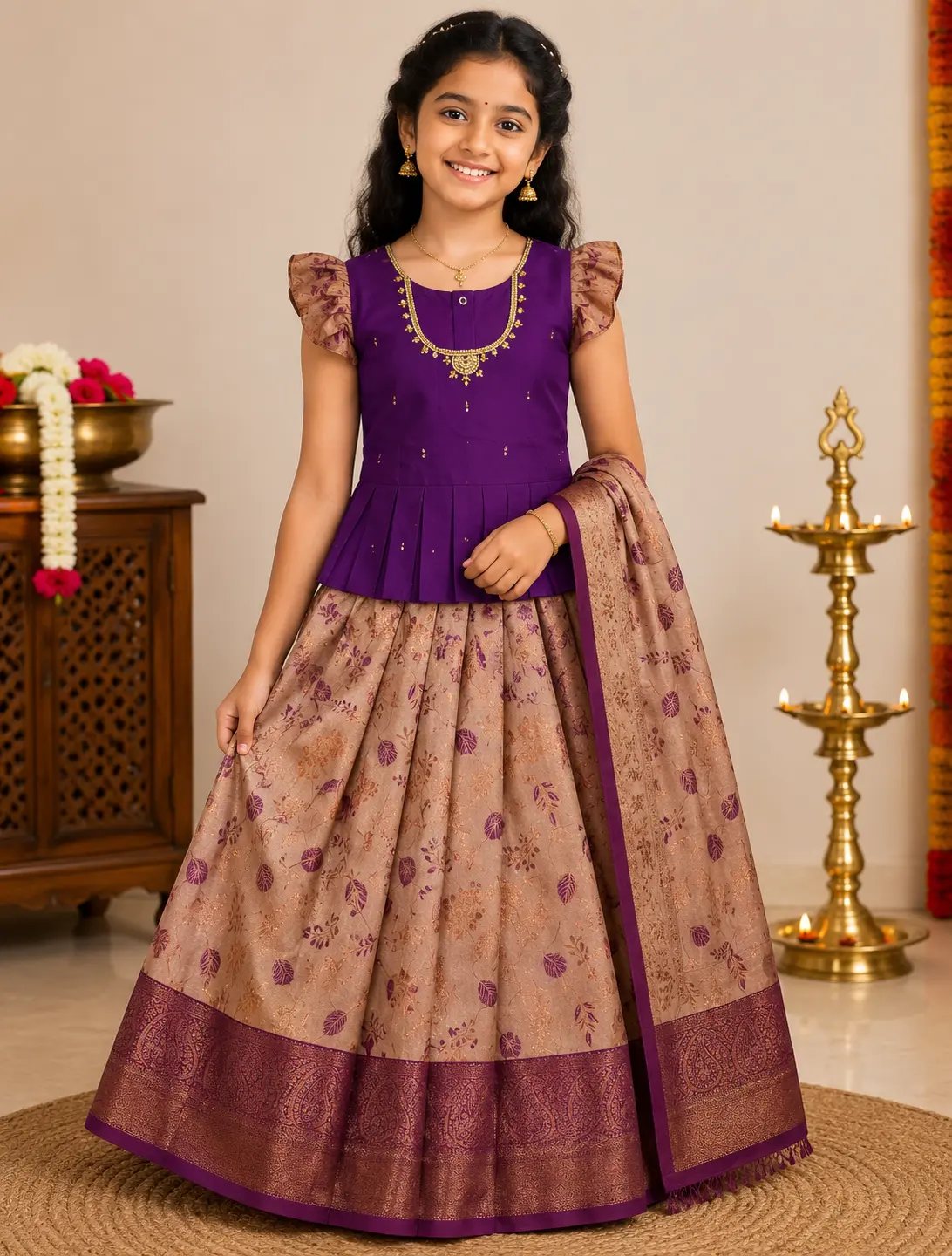Deep royal purple and warm champagne 10-11 years girl