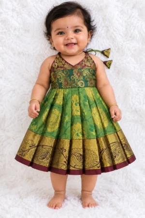 Green, Antique Gold & Maroon Pattu Paavadai 
