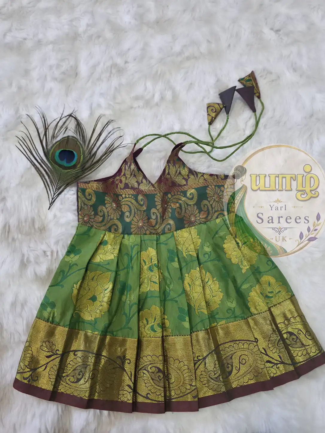 Green, Antique Gold & Maroon Pattu Paavadai - Image 2