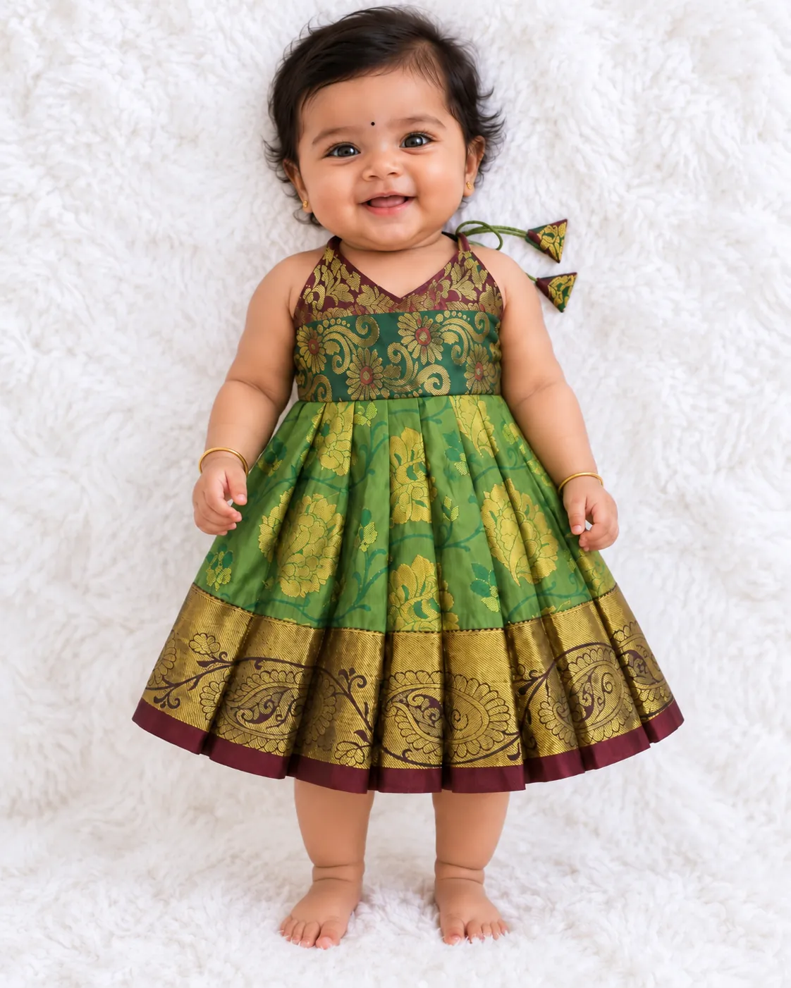 Green, Antique Gold & Maroon Pattu Paavadai
