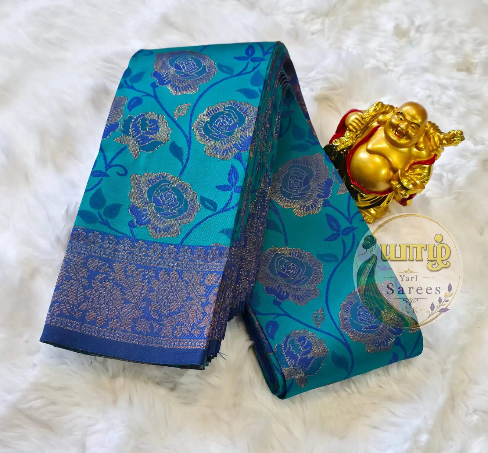 Turquoise Teal Blue and Royal Blue Kubera Pattu - Image 3