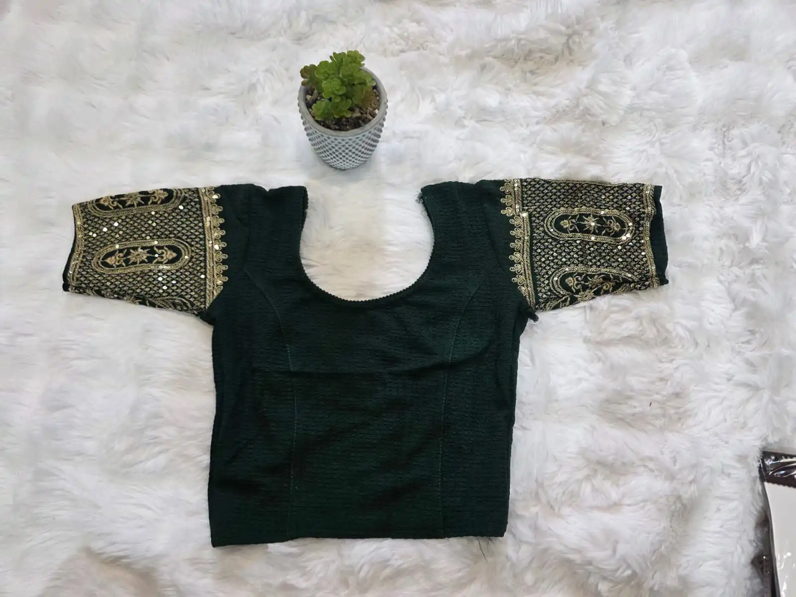 Deep Bottle Green Stretchable Stitched Blouse - Image 2