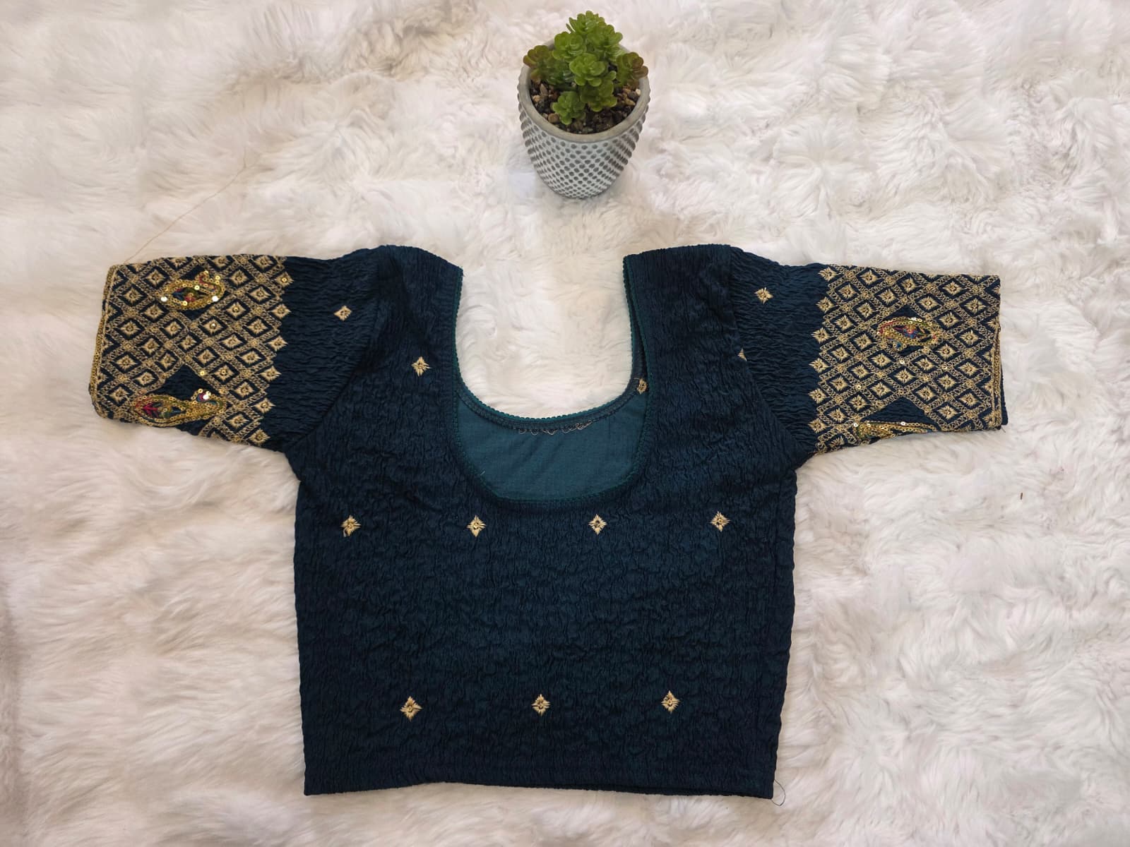 Deep Navy Blue Stretchable Stitched Blouse - Image 2