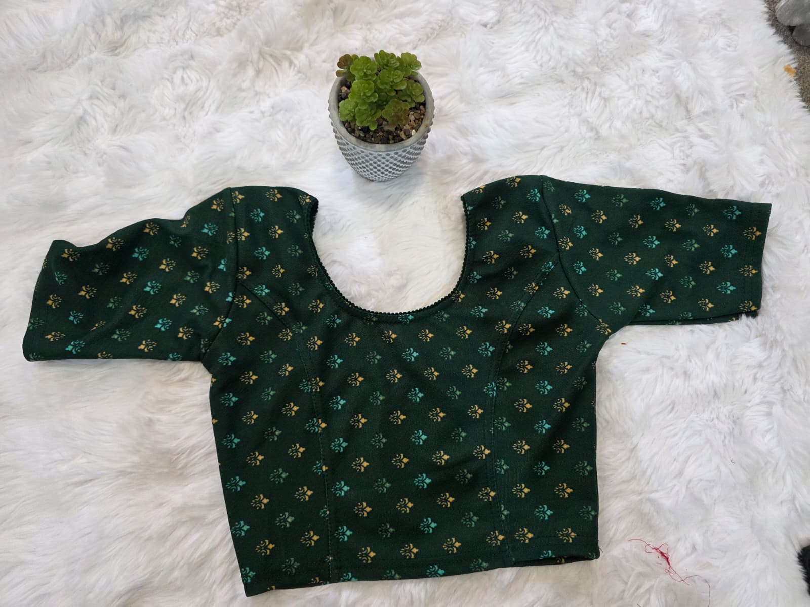 Dark Forest Green Printed Stretchable Stitched Blouse - Image 2