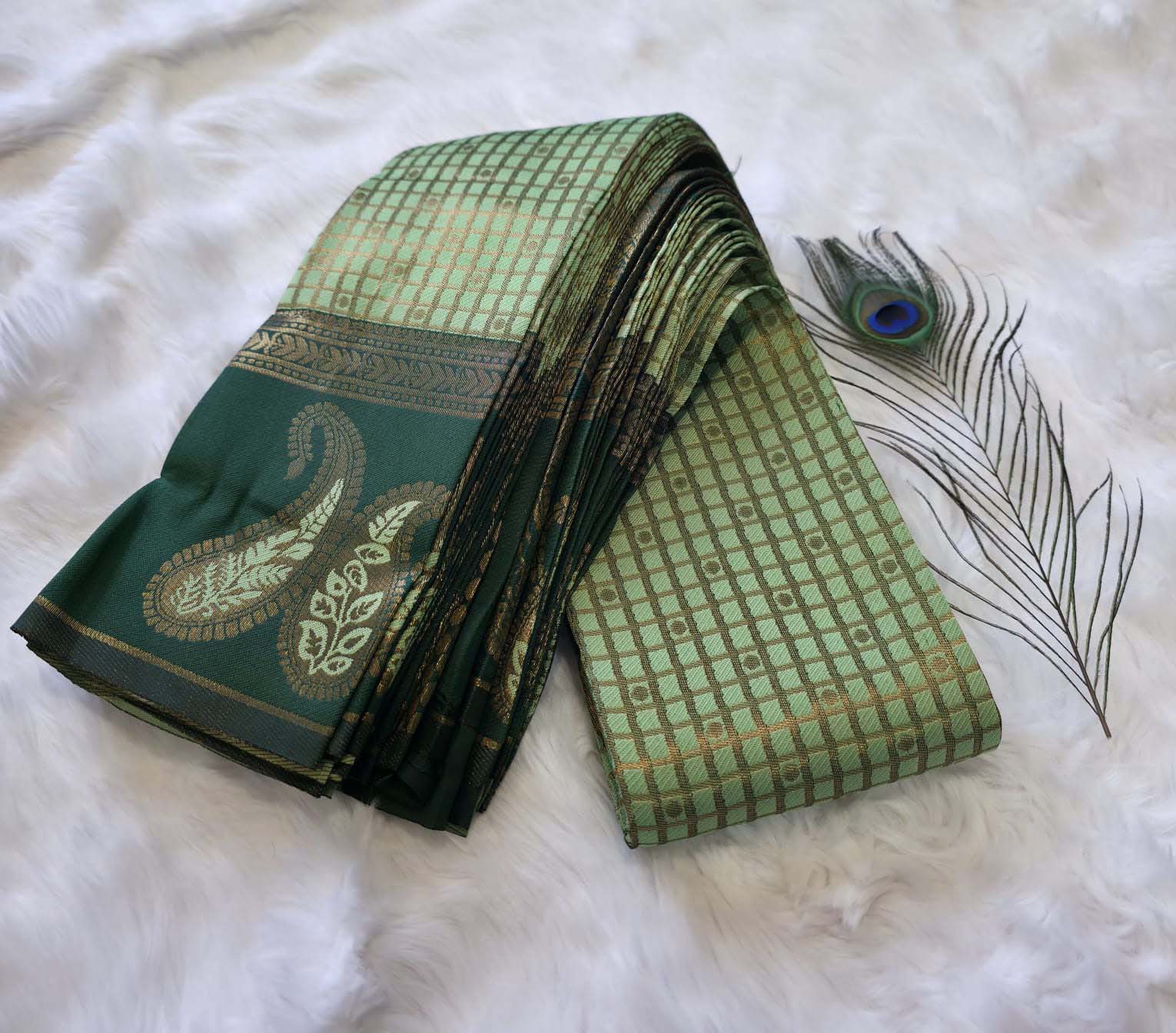 Mint Green, Deep Bottle Green Kubera Pattu - Image 2