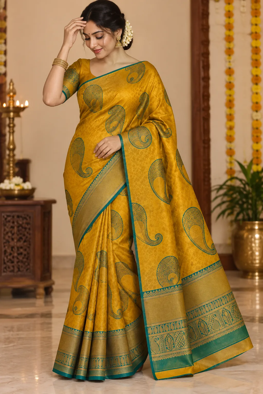 Mustard Yellow & Deep teal green Kubera Pattu