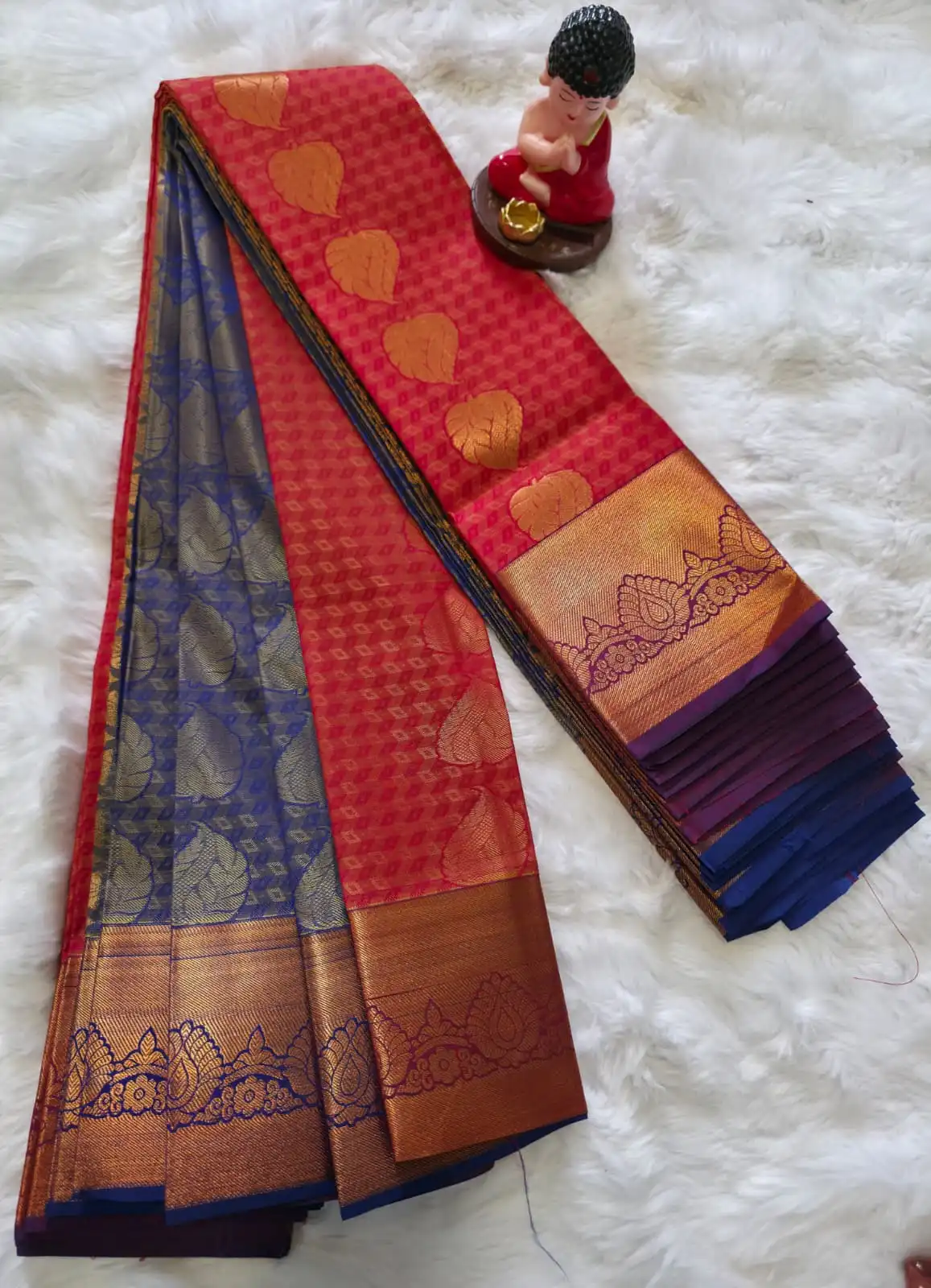 Bright coral red Embossed Pattu - Image 2