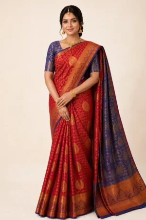 Bright coral red Embossed Pattu