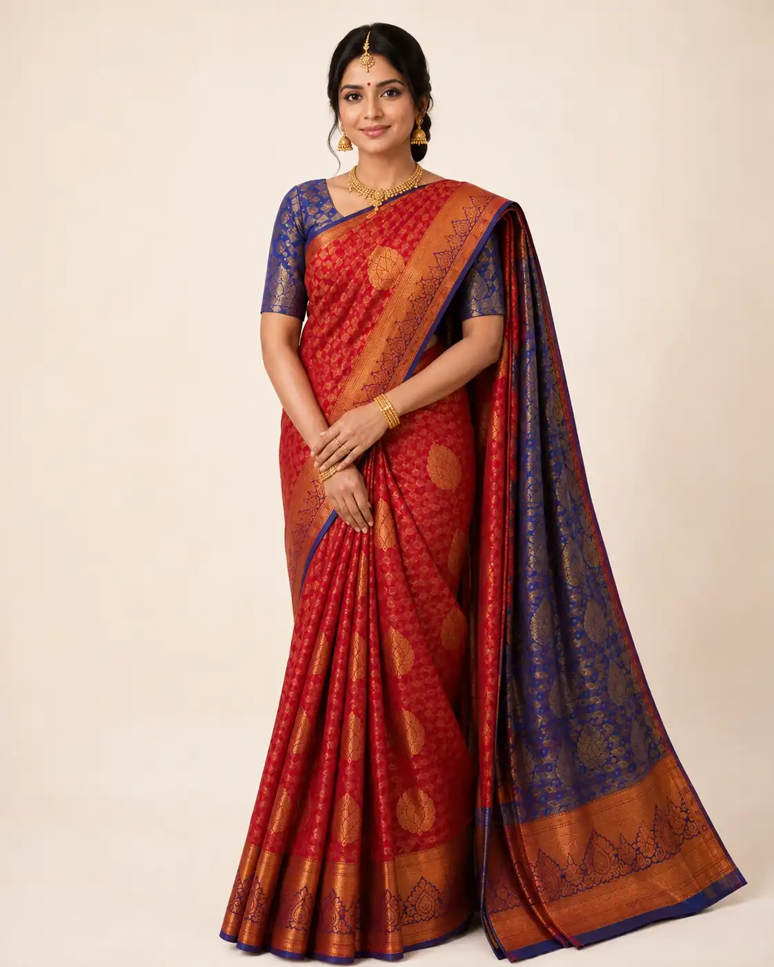 Bright coral red Embossed Pattu